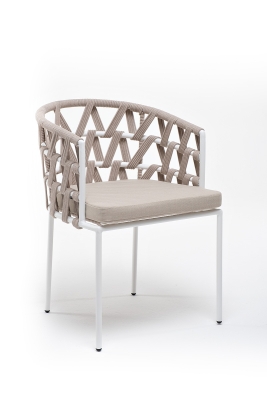 "Диего" стул плетеный из роупа, каркас из стали белый муар, роуп бежевый круглый, ткань бежевая 15052