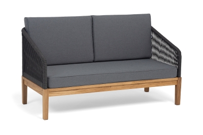 "Канны" диван 2-местный плетеный из роупа, основание дуб, роуп темно-серый круглый, ткань темно-серая 027