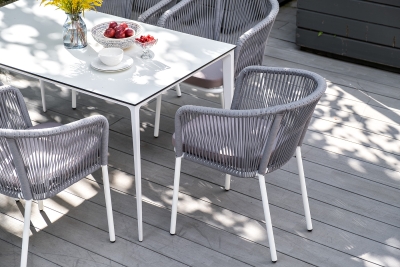"Малага" обеденная группа на 6 персон со стульями "Марсель", каркас белый, роуп светло-серый