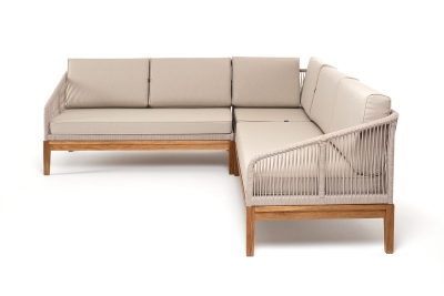 "Канны" диван модульный плетеный из роупа, основание дуб, роуп бежевый круглый, ткань бежевая 15052