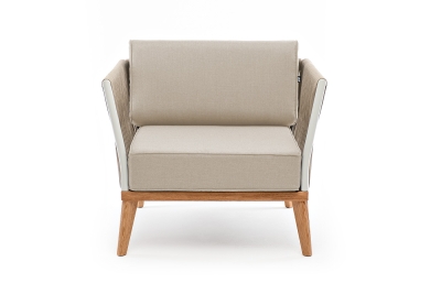 "Касабланка" кресло плетеное из роупа, основание дуб, каркас алюминий светло-серый (RAL7035) муар, роуп серо-коричневый 23мм, ткань бежевая 15052