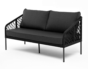 "Канны" диван 2-местный плетеный из роупа (узелки), каркас алюминий темно-серый (RAL7024) муар, роуп темно-серый круглый, ткань темно-серая 027 "Канны" диван 2-местный плетеный из роупа (узелки), каркас алюминий темно-серый (RAL7024) муар, роуп темно-серый круглый, ткань темно-серая 027