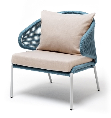 "Милан" кресло плетеное из роупа, каркас алюминий светло-серый (RAL7035) шагрень, роуп бирюзовый круглый, ткань бежевая 035 "Милан" кресло плетеное из роупа, каркас алюминий светло-серый (RAL7035) шагрень, роуп бирюзовый круглый, ткань бежевая 035