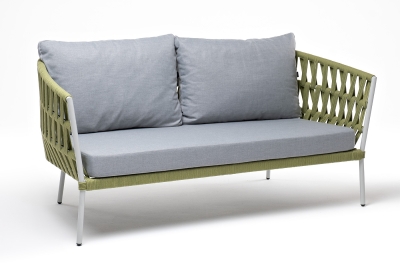 "Диего" диван 2-местный плетеный из роупа, каркас алюминий светло-серый (RAL7035) муар, роуп салатовый меланж круглый, ткань светло-серая "Диего" диван 2-местный плетеный из роупа, каркас алюминий светло-серый (RAL7035) муар, роуп салатовый меланж круглый, ткань светло-серая