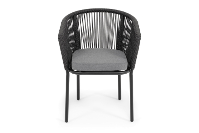 "Марсель" стул плетеный из роупа, каркас алюминий черный муар, роуп темно-серый круглый, ткань темно-серая 027