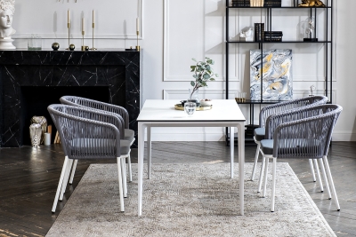 "Малага" обеденная группа на 4 персоны со стульями "Марсель", каркас белый, роуп светло-серый "Малага" обеденная группа на 4 персоны со стульями "Марсель", каркас белый, роуп светло-серый