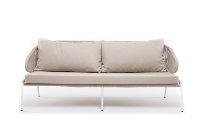 "Милан" диван 3-местный плетеный из роупа, каркас алюминий белый муар, роуп бежевый круглый, ткань бежевая 052 "Милан" диван 3-местный плетеный из роупа, каркас алюминий белый муар, роуп бежевый круглый, ткань бежевая 052