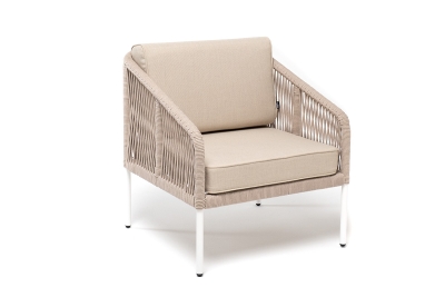 "Канны" кресло плетеное из роупа, каркас алюминий белый муар, роуп бежевый круглый, ткань бежевая 052 "Канны" кресло плетеное из роупа, каркас алюминий белый муар, роуп бежевый круглый, ткань бежевая 052