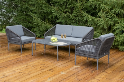 "Канны" лаунж-зона 4-местная из роупа со столиком "Диего" цвета "серый гранит", роуп темно-серый круглый, ткань темно-серая