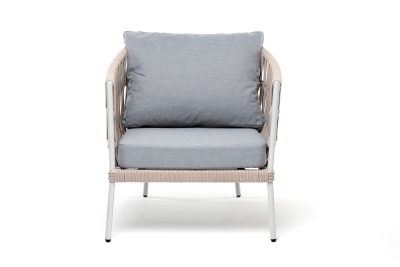 "Диего" кресло плетеное из роупа, каркас алюминий светло-серый (RAL7035) муар, роуп бежевый круглый, ткань светло-серая "Диего" кресло плетеное из роупа, каркас алюминий светло-серый (RAL7035) муар, роуп бежевый круглый, ткань светло-серая