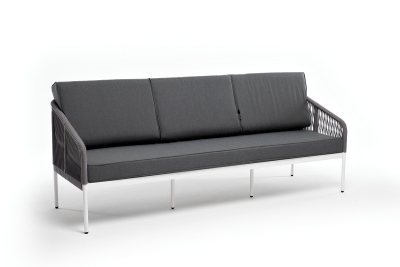 "Канны" диван 3-местный плетеный из роупа, каркас алюминий белый муар, роуп светло-серый круглый, ткань серая 017 "Канны" диван 3-местный плетеный из роупа, каркас алюминий белый муар, роуп светло-серый круглый, ткань серая 017