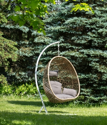 "Флоренция" подвесное кресло-кокон из искусственного ротанга, цвет соломенный с серо-коричневой подушкой