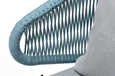 "Милан" кресло плетеное из роупа, каркас алюминий светло-серый (RAL7035) муар, роуп бирюзовый круглый, ткань светло-серая "Милан" кресло плетеное из роупа, каркас алюминий светло-серый (RAL7035) муар, роуп бирюзовый круглый, ткань светло-серая