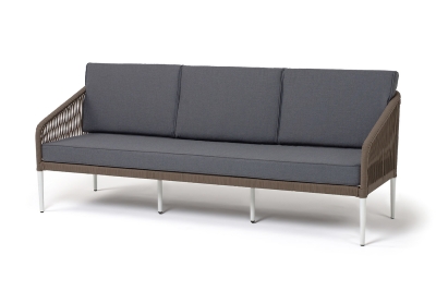 "Канны" диван 3-местный плетеный из роупа, каркас алюминий белый муар, роуп коричневый круглый, ткань темно-серая 027