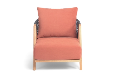 "Гарда" кресло плетеное из роупа, основание дуб, роуп темно-серый круглый, ткань терракотовая