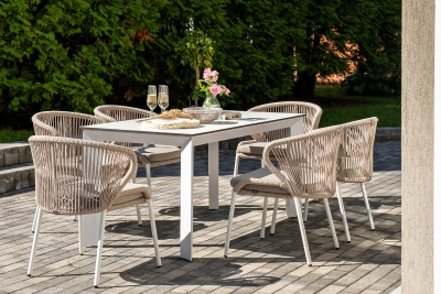 "Венето" обеденная группа на 6 персон со стульями "Милан", каркас белый, роуп бежевый "Венето" обеденная группа на 6 персон со стульями "Милан", каркас белый, роуп бежевый