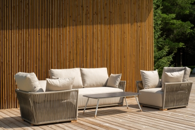 "Форли" лаунж-зона 4-местная плетеная из роупа (веревки), каркас алюминиевый светло-серый, роуп серо-коричневый "Форли" лаунж-зона 4-местная плетеная из роупа (веревки), каркас алюминиевый светло-серый, роуп серо-коричневый