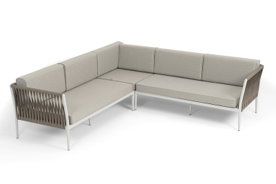 "Касабланка" диван модульный плетеный из роупа, каркас алюминий, роуп серо-коричневый 23мм, ткань бежевая 15052 "Касабланка" диван модульный плетеный из роупа, каркас алюминий, роуп серо-коричневый 23мм, ткань бежевая 15052