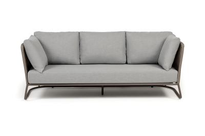 "Багамы" диван 3-местный плетеный из роупа, каркас алюминий бежево-серый (RAL7006) муар, роуп серо-коричневый 23мм, ткань светло-серая