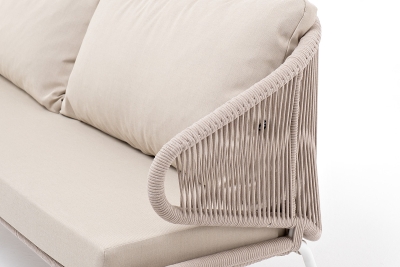 "Милан" диван 3-местный плетеный из роупа, каркас алюминий белый муар, роуп бежевый круглый, ткань бежевая 052 "Милан" диван 3-местный плетеный из роупа, каркас алюминий белый муар, роуп бежевый круглый, ткань бежевая 052