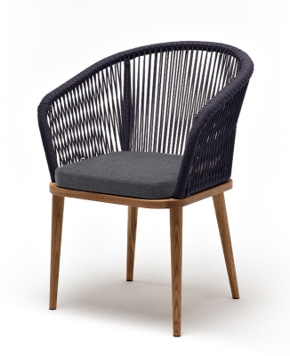 "Марсель" стул плетеный из роупа, основание дуб, роуп темно-серый круглый, ткань темно-серая 027