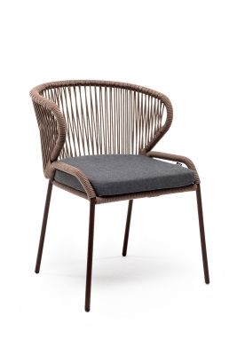 "Милан" стул плетеный из роупа, каркас алюминий коричневый (RAL8016) муар, роуп коричневый круглый, ткань темно-серая 027