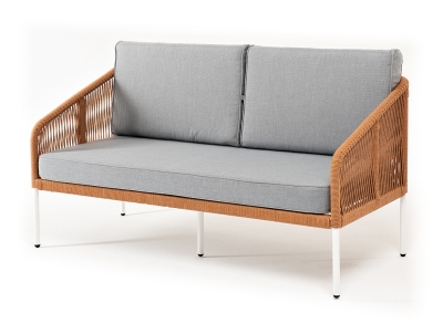 "Канны" диван 2-местный плетеный из роупа, каркас алюминий светло-серый (RAL7035) муар, роуп оранжевый меланж круглый, ткань светло-серая "Канны" диван 2-местный плетеный из роупа, каркас алюминий светло-серый (RAL7035) муар, роуп оранжевый меланж круглый, ткань светло-серая