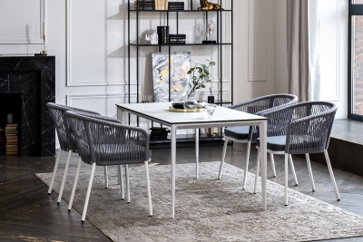 "Малага" обеденная группа на 4 персоны со стульями "Марсель", каркас белый, роуп светло-серый "Малага" обеденная группа на 4 персоны со стульями "Марсель", каркас белый, роуп светло-серый