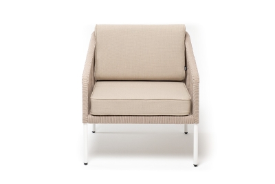 "Канны" кресло плетеное из роупа, каркас алюминий белый муар, роуп бежевый круглый, ткань бежевая 052 "Канны" кресло плетеное из роупа, каркас алюминий белый муар, роуп бежевый круглый, ткань бежевая 052