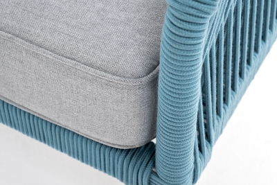 "Канны" диван 2-местный плетеный из роупа, каркас алюминий светло-серый (RAL7035) муар, роуп бирюзовый круглый, ткань светло-серая