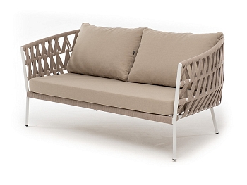 "Диего" диван 2-местный плетеный из роупа, каркас алюминий белый муар, роуп бежевый круглый, ткань бежевая 035 "Диего" диван 2-местный плетеный из роупа, каркас алюминий белый муар, роуп бежевый круглый, ткань бежевая 035