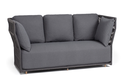 "Лугано" диван 3-местный плетеный из роупа, каркас алюминий темно-серый (RAL7024) муар, роуп темно-серый круглый, ткань темно-серая YB25-0027