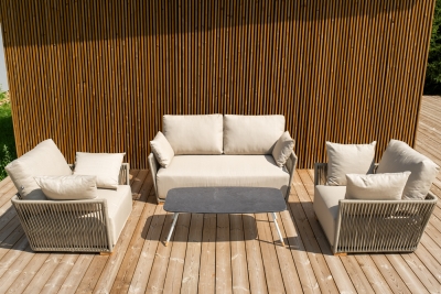 "Форли" лаунж-зона 4-местная плетеная из роупа (веревки), каркас алюминиевый светло-серый, роуп серо-коричневый "Форли" лаунж-зона 4-местная плетеная из роупа (веревки), каркас алюминиевый светло-серый, роуп серо-коричневый