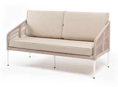 "Канны" диван 2-местный плетеный из роупа, каркас алюминий белый муар, роуп бежевый круглый, ткань бежевая 052 "Канны" диван 2-местный плетеный из роупа, каркас алюминий белый муар, роуп бежевый круглый, ткань бежевая 052