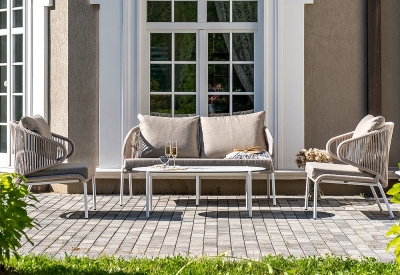 "Милан" лаунж-зона 4-местная плетеная из роупа (веревки), каркас алюминиевый белый, роуп бежевый "Милан" лаунж-зона 4-местная плетеная из роупа (веревки), каркас алюминиевый белый, роуп бежевый