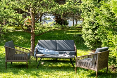 "Канны" лаунж-зона 4-местная из роупа со столом "Верона" (серый гранит), каркас алюминиевый коричневый, роуп коричневый