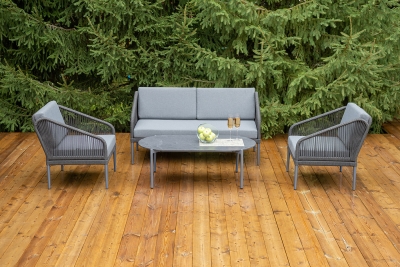 "Канны" лаунж-зона 4-местная (разборная) из роупа со столиком "Диего" цвета "серый гранит", роуп темно-серый круглый, ткань темно-серая