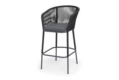 "Марсель" стул барный плетеный из роупа, каркас из стали темно-серый (RAL7024) муар, роуп темно-серый круглый, ткань темно-серая 027 NEW