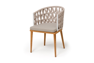 "Диего" стул плетеный из роупа, основание дуб каркас из стали белый муар, роуп бежевый круглый, ткань бежевая 052 