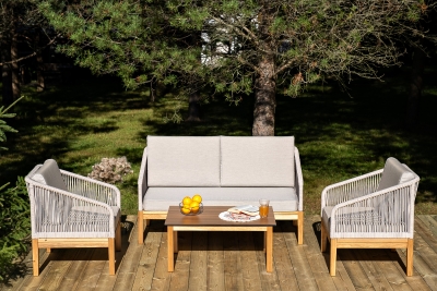 "Канны" лаунж-зона 4-местная из роупа со столиком "Канны" цвета "дуб", основание дуб, роуп бежевый