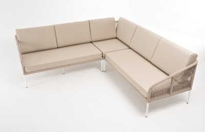 "Канны" диван модульный плетеный из роупа, каркас алюминий белый, роуп бежевый круглый, ткань бежевая 15052 "Канны" диван модульный плетеный из роупа, каркас алюминий белый, роуп бежевый круглый, ткань бежевая 15052