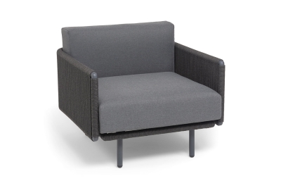 "Джелло" кресло плетеное из роупа, каркас алюминий темно-серый (RAL7024) муар, роуп темно-серый круглый, ткань темно-серая 027