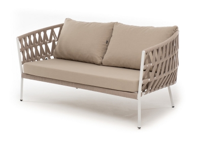 "Диего" диван 2-местный плетеный из роупа, каркас алюминий белый муар, роуп бежевый круглый, ткань бежевая 052 "Диего" диван 2-местный плетеный из роупа, каркас алюминий белый муар, роуп бежевый круглый, ткань бежевая 052