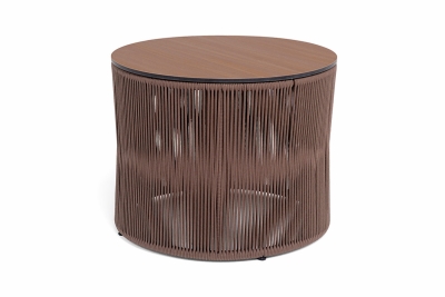 "Авиньон" журнальный стол из HPL круглый Ø70 H55, каркас из алюминия коричневый (RAL8016) муар, цвет "дуб", роуп коричневый круглый