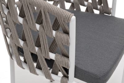 "Диего" стул плетеный из роупа, каркас из стали белый муар, роуп серый меланж круглый, ткань серая 017 "Диего" стул плетеный из роупа, каркас из стали белый муар, роуп серый меланж круглый, ткань серая 017