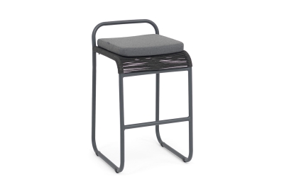 "Ането" стул барный плетеный из роупа, каркас алюминий темно-серый (RAL7024) муар, роуп темно-серый круглый, ткань темно-серая 027