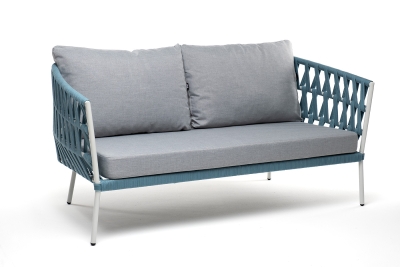 "Диего" диван 2-местный плетеный из роупа, каркас алюминий светло-серый (RAL7035) муар, роуп бирюзовый круглый, ткань светло-серая "Диего" диван 2-местный плетеный из роупа, каркас алюминий светло-серый (RAL7035) муар, роуп бирюзовый круглый, ткань светло-серая
