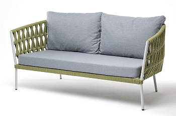 "Диего" диван 2-местный плетеный из роупа, каркас алюминий светло-серый (RAL7035) муар, роуп салатовый меланж круглый, ткань светло-серая "Диего" диван 2-местный плетеный из роупа, каркас алюминий светло-серый (RAL7035) муар, роуп салатовый меланж круглый, ткань светло-серая