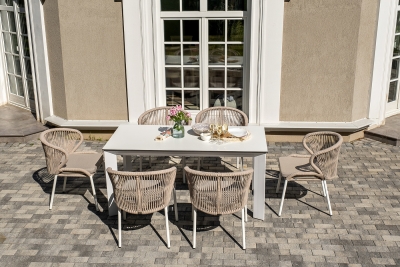 "Венето" обеденная группа на 6 персон со стульями "Милан", каркас белый, роуп бежевый "Венето" обеденная группа на 6 персон со стульями "Милан", каркас белый, роуп бежевый