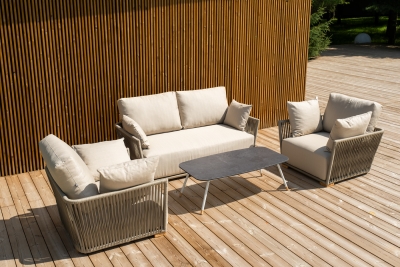 "Форли" лаунж-зона 4-местная плетеная из роупа (веревки), каркас алюминиевый светло-серый, роуп серо-коричневый "Форли" лаунж-зона 4-местная плетеная из роупа (веревки), каркас алюминиевый светло-серый, роуп серо-коричневый